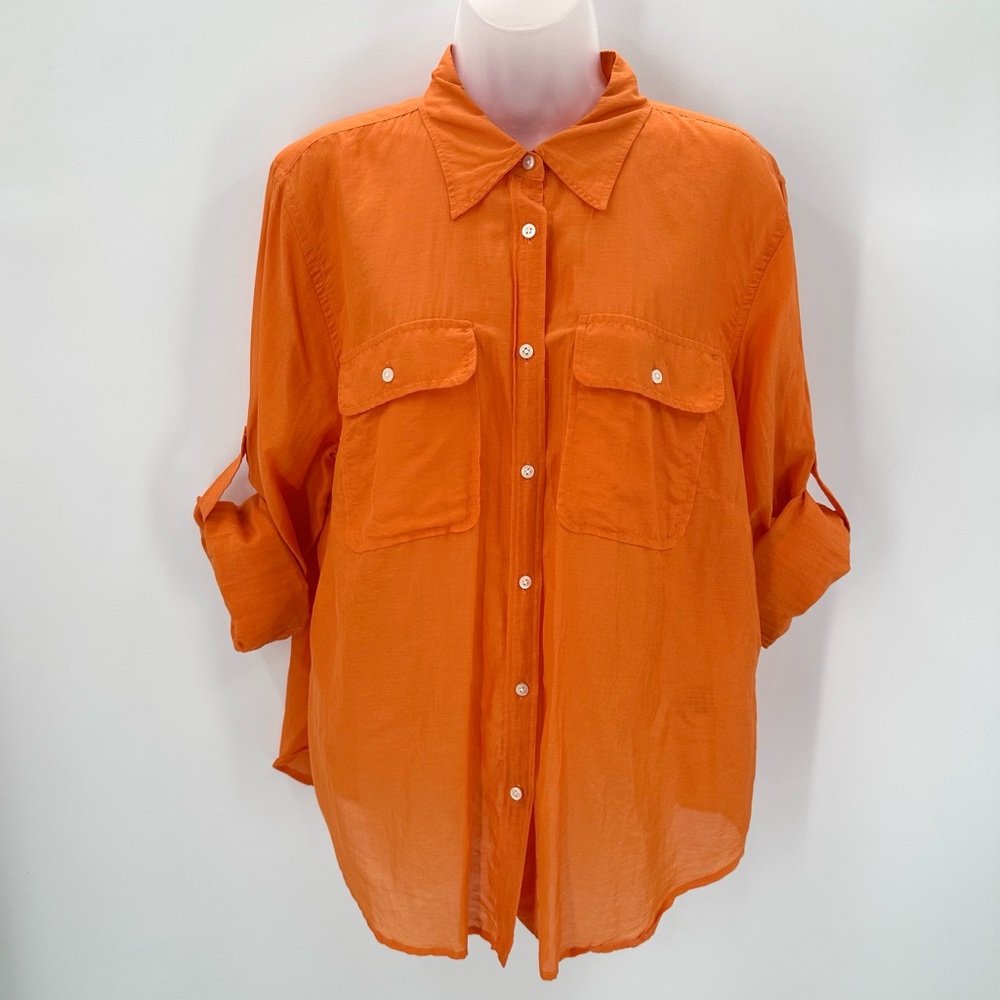 Lauren Ralph Lauren Shirt Womens 1X Plus Orange Cotton Silk Roll Tab Button READ